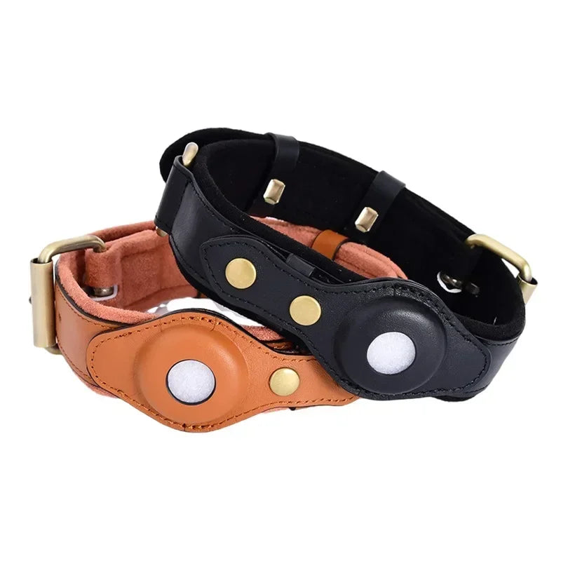 Collier en Cuir Résistant avec Support AirTag – Localisation GPS pour Chiens
