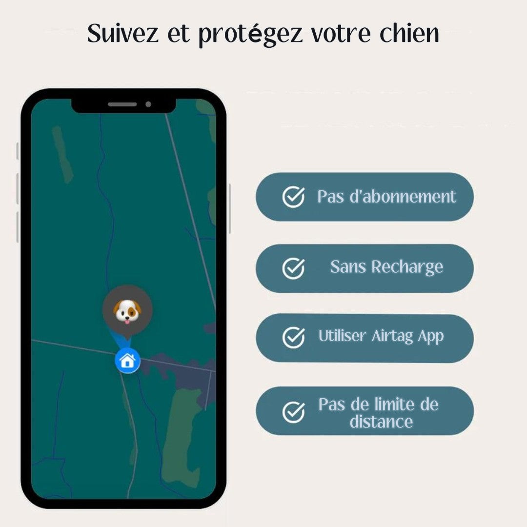 Collier en Cuir Résistant avec Support AirTag – Localisation GPS pour Chiens