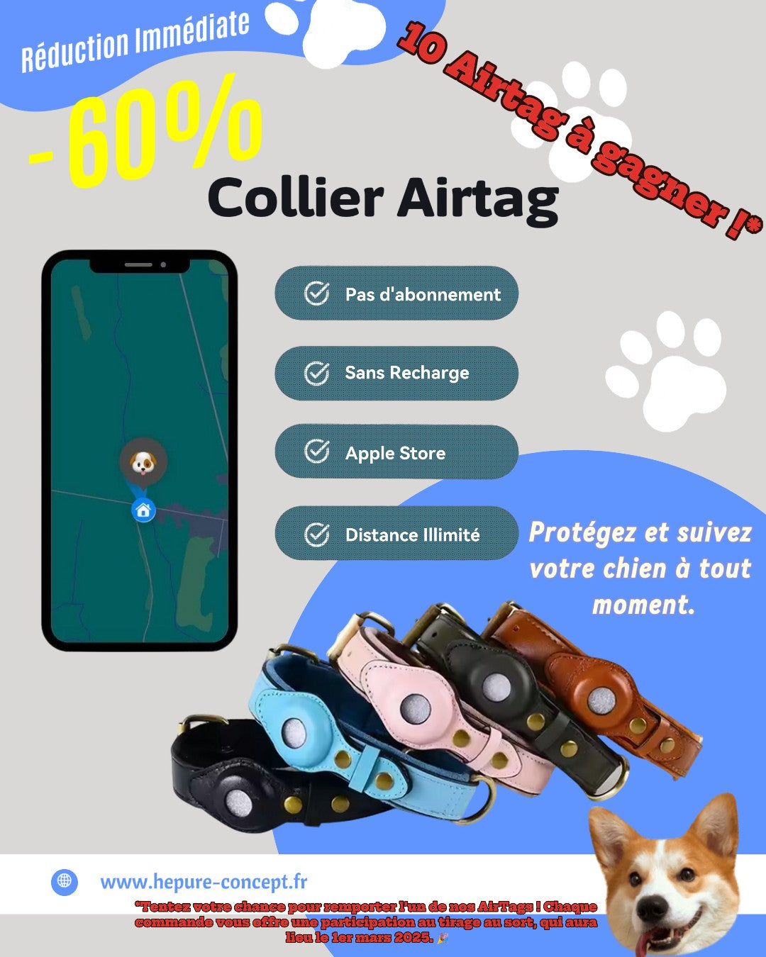 Collier en Cuir Résistant avec Support AirTag – Localisation GPS pour Chiens