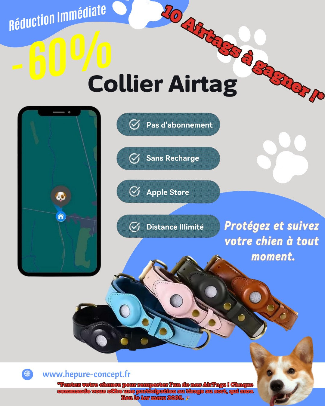 Collier en Cuir Résistant avec Support AirTag – Localisation GPS pour Chiens
