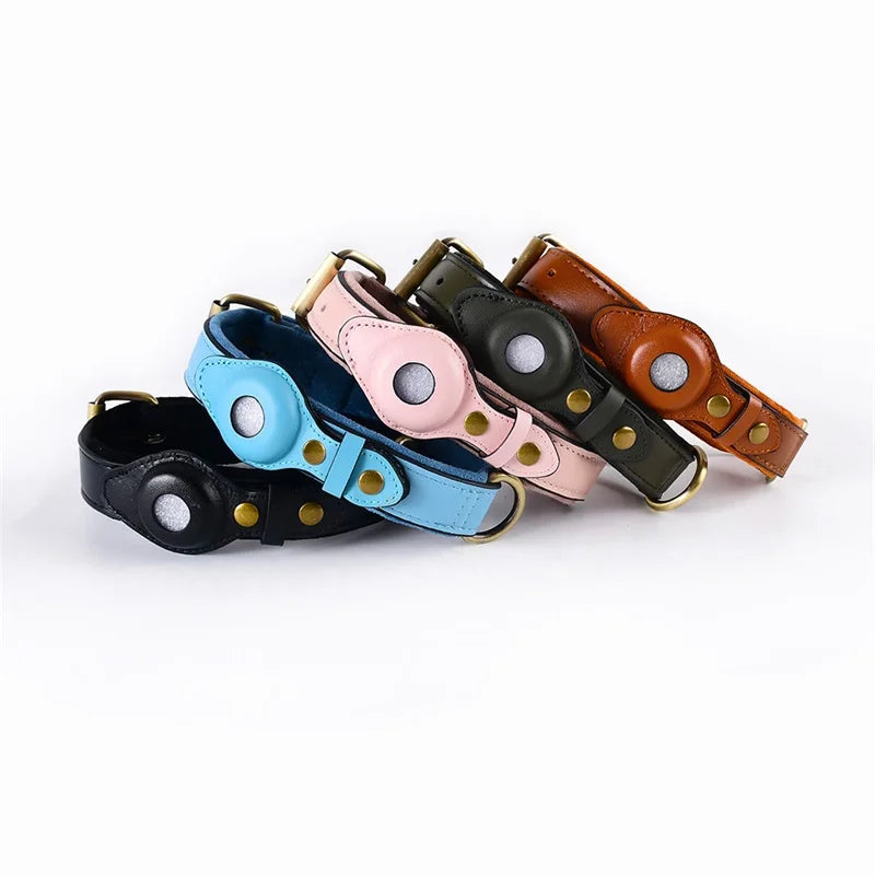 Collier en Cuir Résistant avec Support AirTag – Localisation GPS pour Chiens