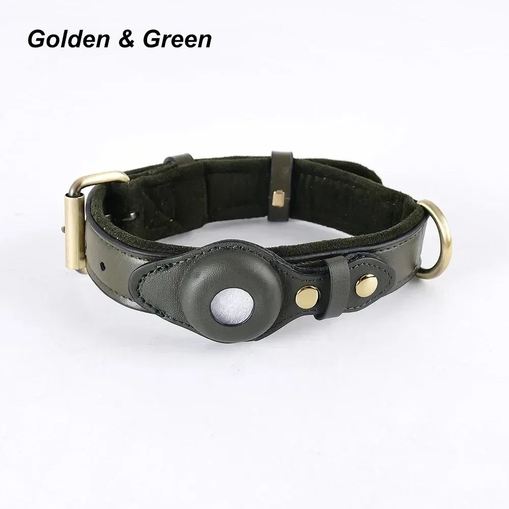 Collier en Cuir Résistant avec Support AirTag – Localisation GPS pour Chiens