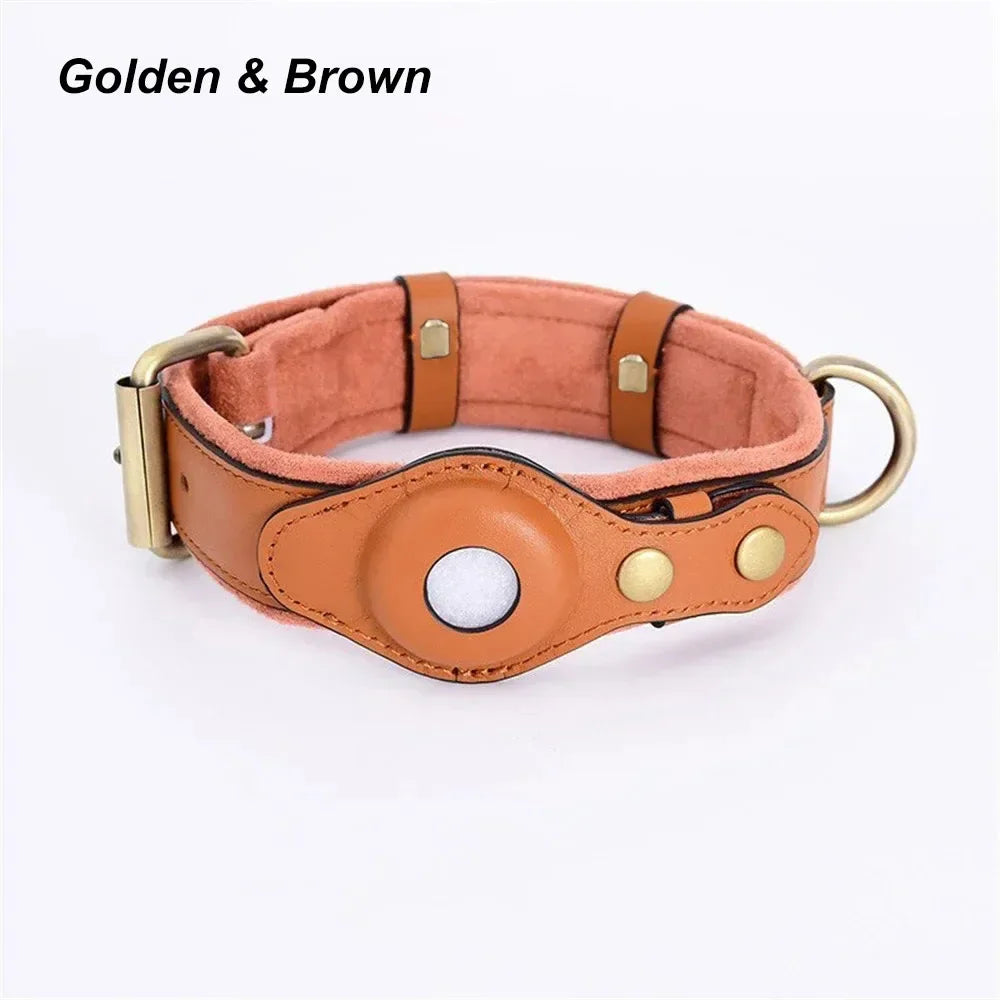 Collier en Cuir Résistant avec Support AirTag – Localisation GPS pour Chiens