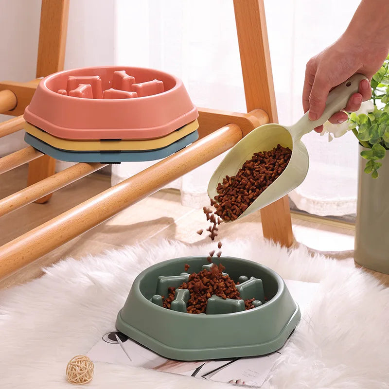 gamelle anti-étouffement fleurs verte avec des croquettes à l'interieur