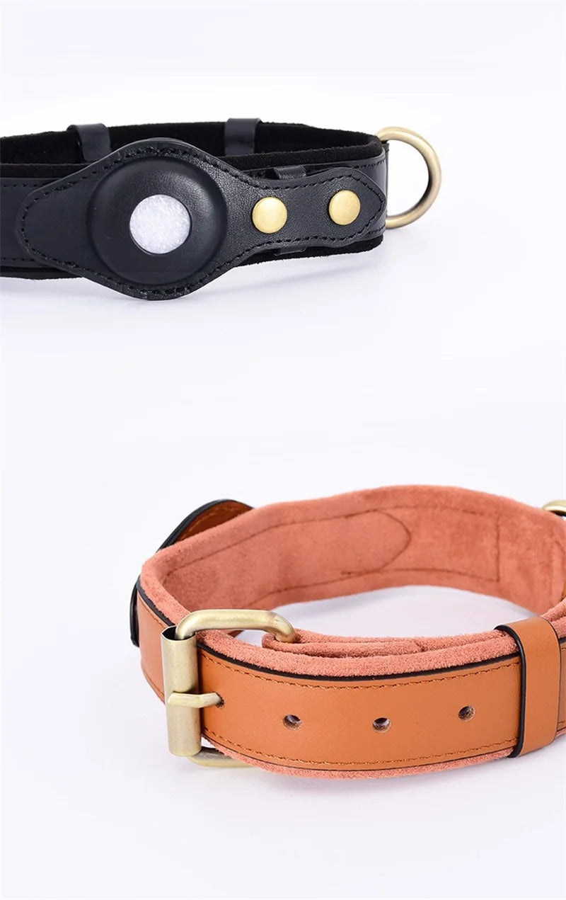 Collier en Cuir Résistant avec Support AirTag – Localisation GPS pour Chiens