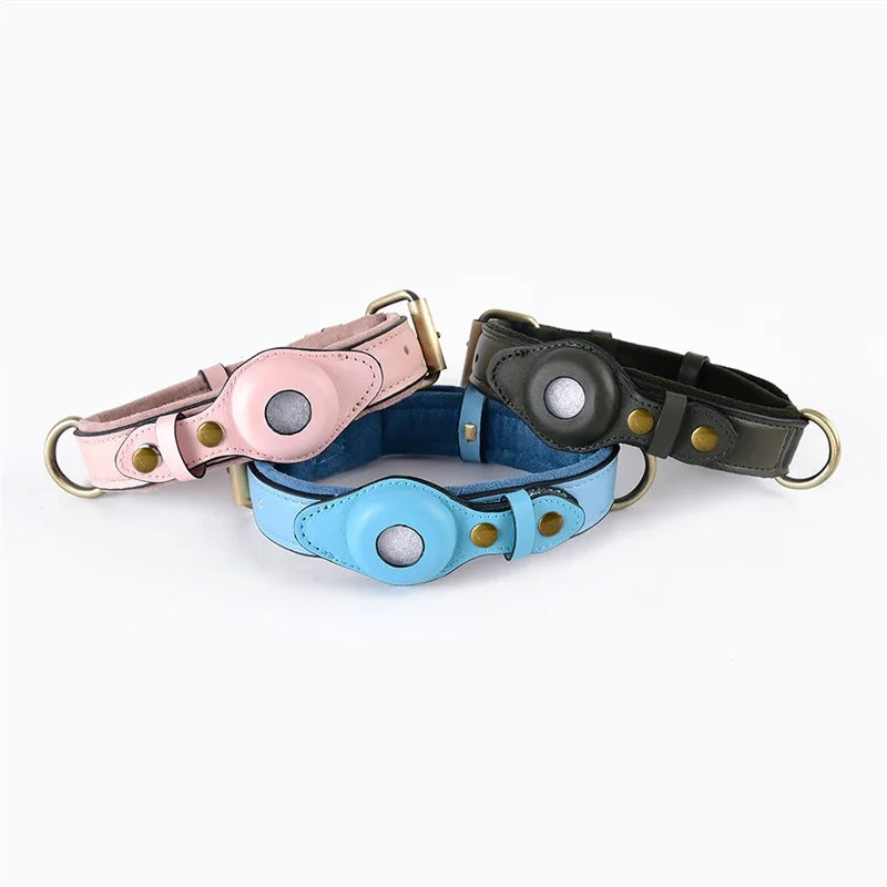 Collier en Cuir Résistant avec Support AirTag – Localisation GPS pour Chiens